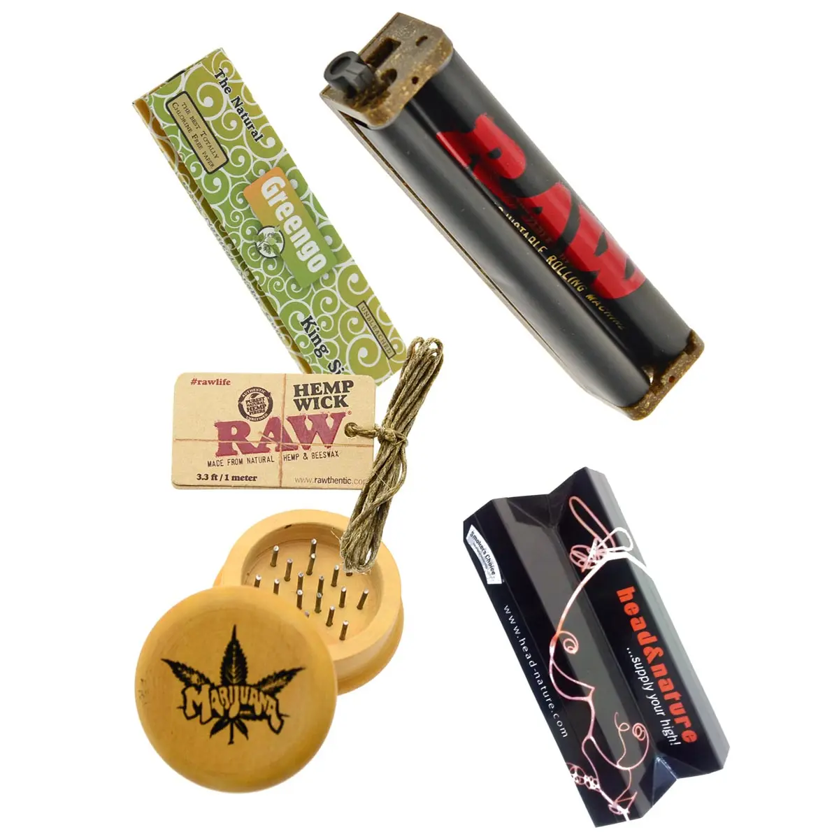 Eco rolling set with RAW rolling machine, wooden grinder, Greengo Papers and Hemp Wick