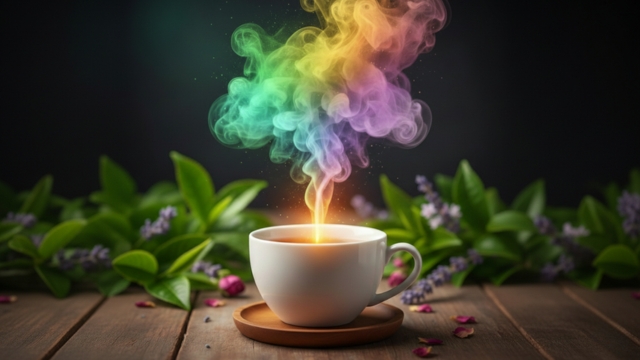 Eine Tasse Tee mit bunten Rauchschwaden